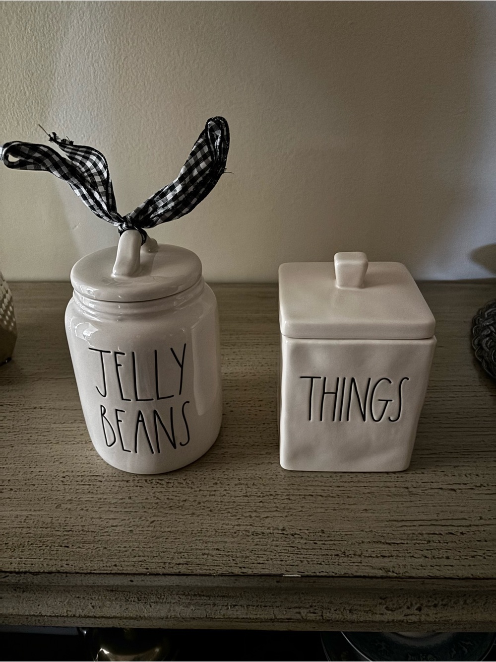 Rae Dunn 2 White Ceramic 'Jelly Beans & Things’ Jars with Black Gingham Accent.
